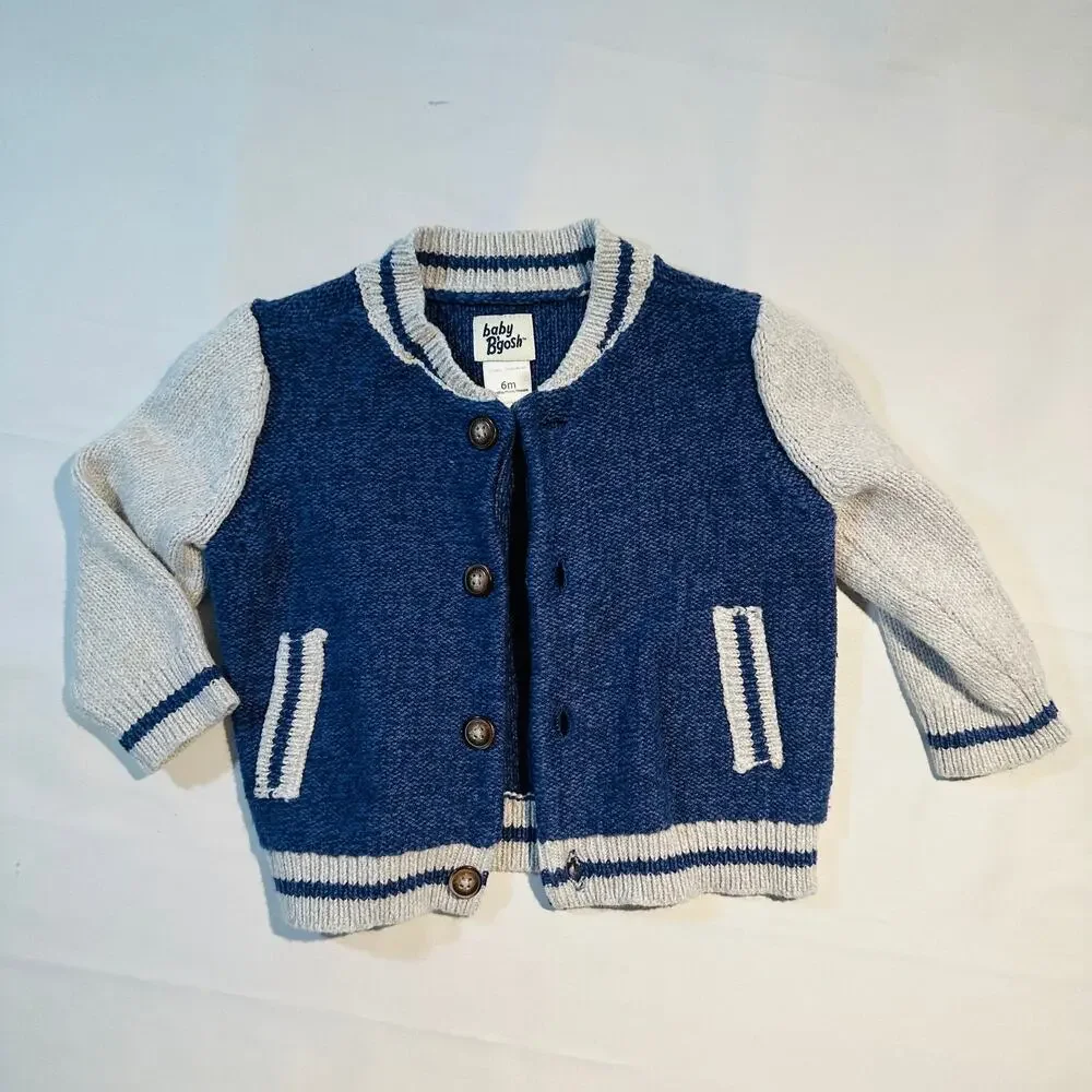 OshKosh B'gosh Baby Navy Jersey Knit Varsity Button-Down Sweater Sz 6m